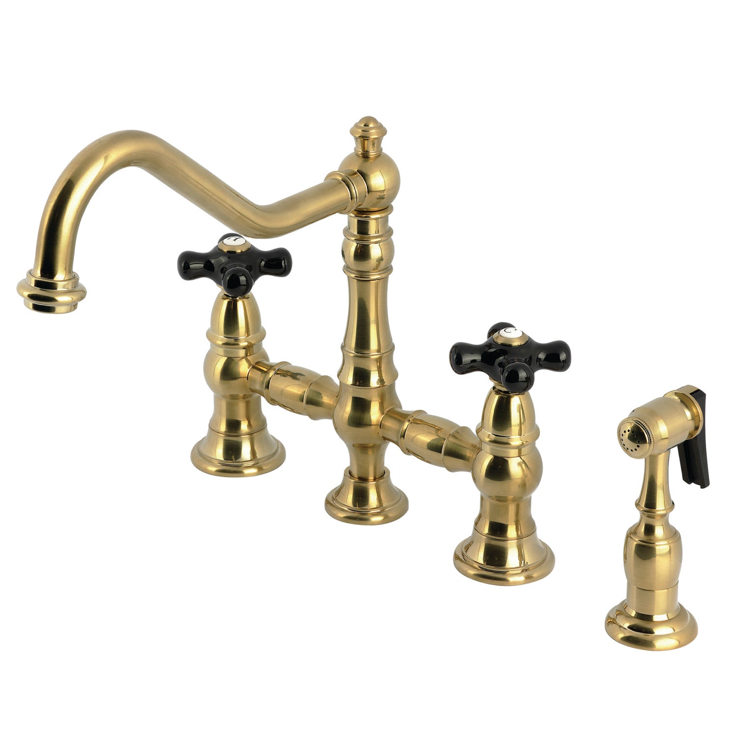 Kingston Heirloom KS3277PKXBS - Duchess Two-Handle 4-Hole Deck Mount Bridge Kitchen Faucet with Brass Sprayer, Brushed Brass — image 1